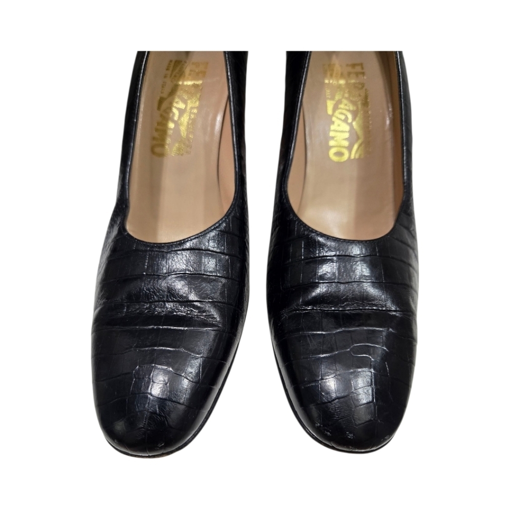 Salvatore Ferragamo Black Pumps Size 9 AA Leather Croc Embossed Heels Italy - Picture 12 of 15